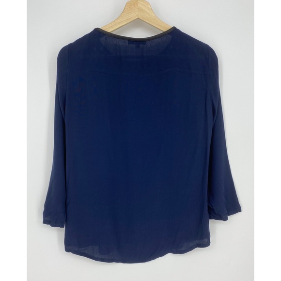 Caroll Navy Blue French Designer Eyelet Cutout Black Piping Neckline Blouse - Picture 2 of 4